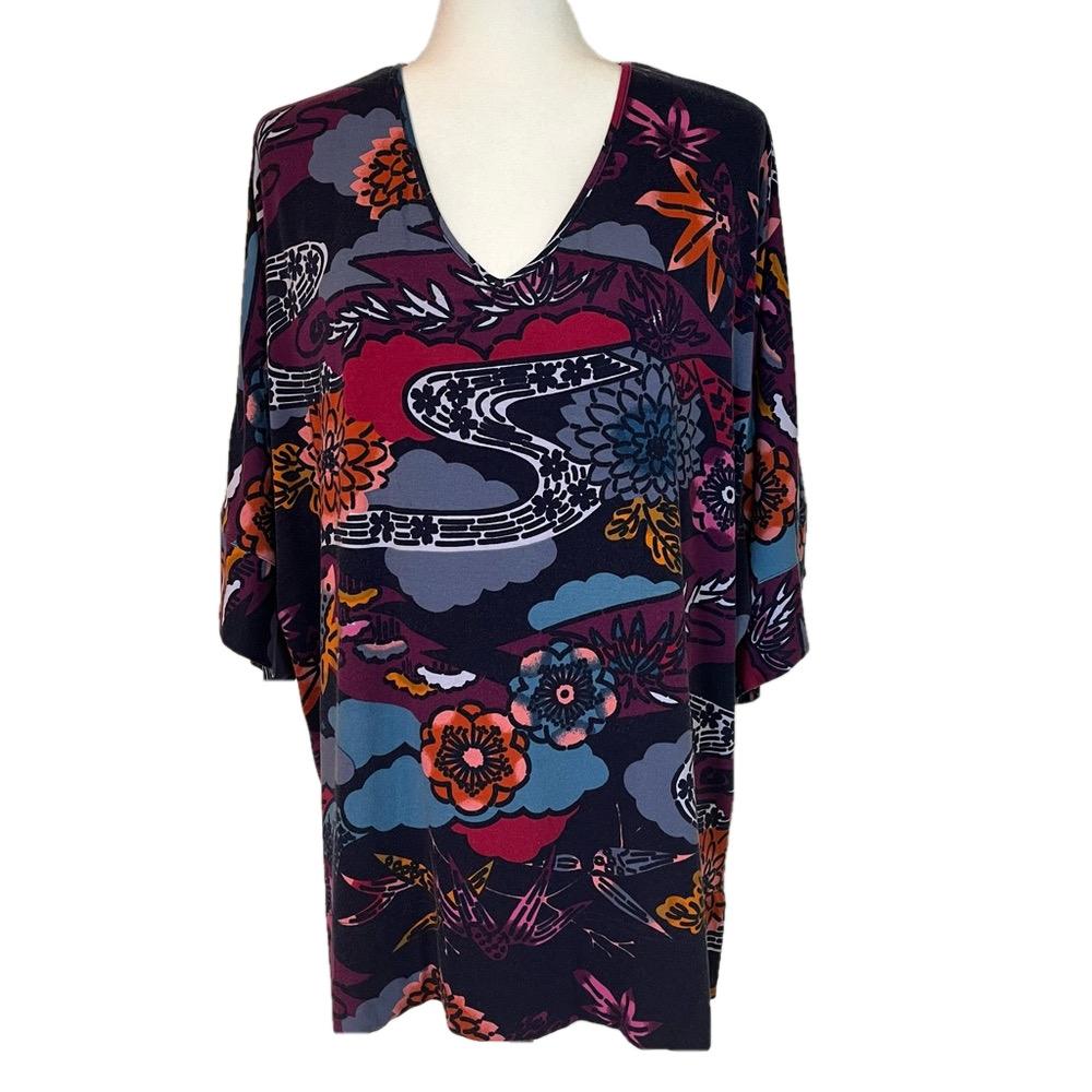 Natori Women’s Vibrant Floral V-Neck Stretch Pyjama Top Large Kimono Sleeve